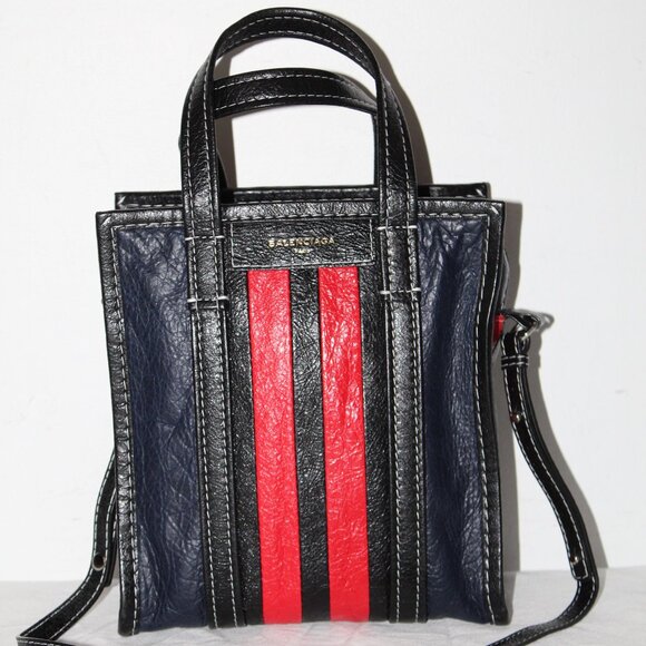 Balenciaga Bazar Shopper Black Leather Red Stripes Shoulder Bag Crossbody Strap - Picture 1 of 13